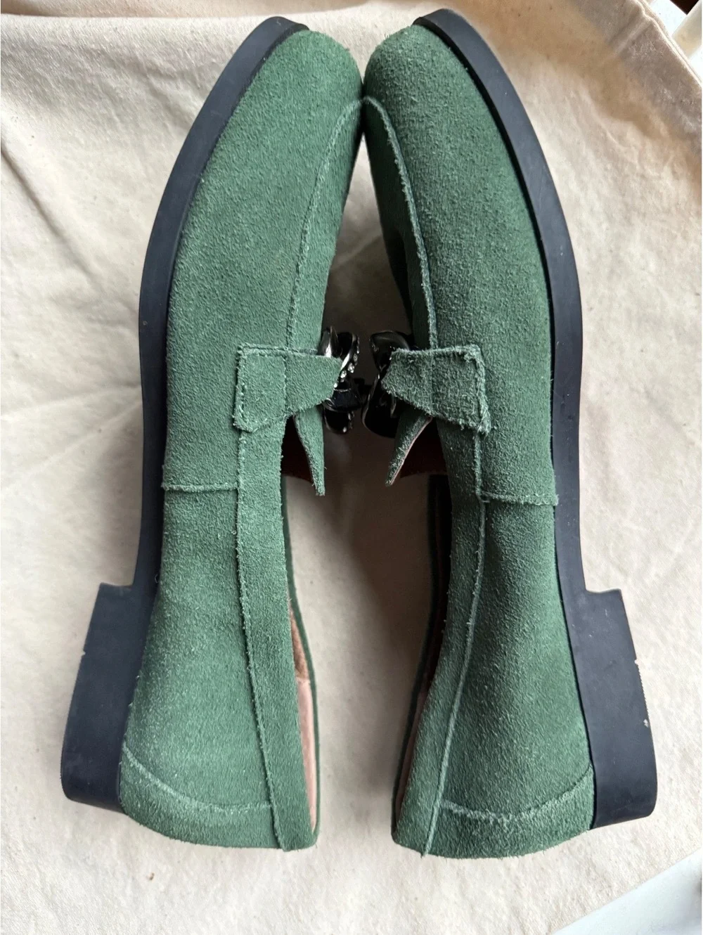 White Mountain Green Suede Loafers with Rhinestone Chain Detail, Size 7M